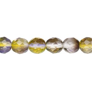 Bead, Czech fire-polished glass, green and purple, 8mm faceted round. Sold per 15-1/2" to 16" strand, approximately 50 beads.