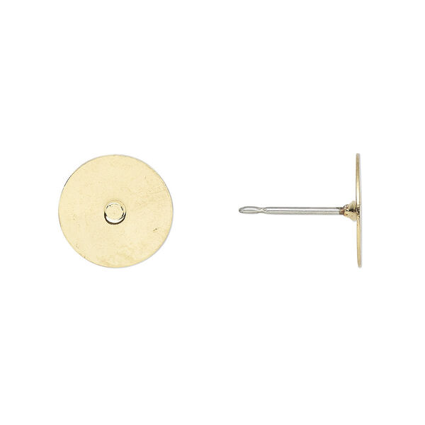 Earstud, gold-plated stainless steel, 10mm flat pad. Sold per pkg of 50 pairs. image number 0