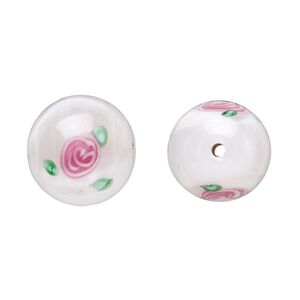 Bead, Czech lampworked glass, opaque white / pink / green, 12-13mm round with flower design. Sold per pkg of 4.