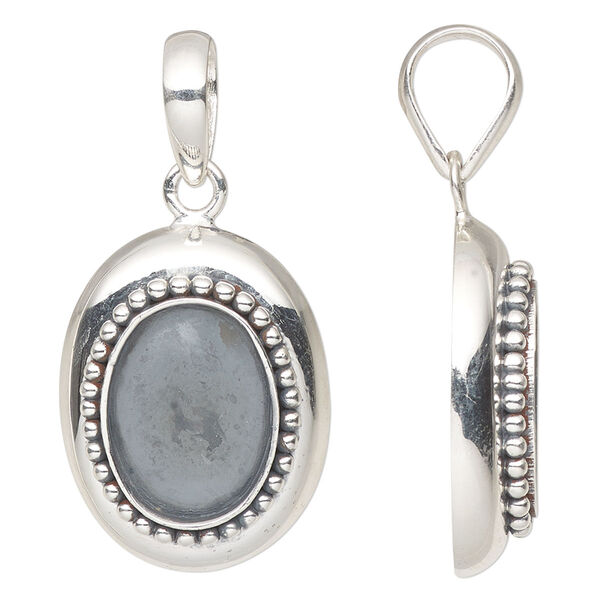 Pendant, antiqued sterling silver, 26x20mm oval with beaded rim and 16x12mm oval setting. Sold individually. image number 0