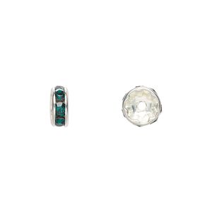 Bead 4pk emerald silver plate foil back, Crystal Passions&reg; 8x3.5mm rondelle 77508