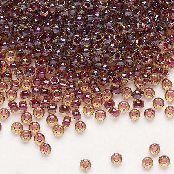 Seed bead, Miyuki, glass, pkg/50g, #8 rocaille, translucent wine-lined luster peridot (RR-336). image number 0