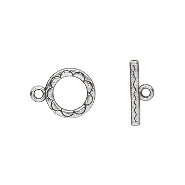 Clasp, toggle, antique silver-plated "pewter" (zinc-based alloy), 12mm double-sided round with scalloped design. Sold per pkg of 20. image number 0