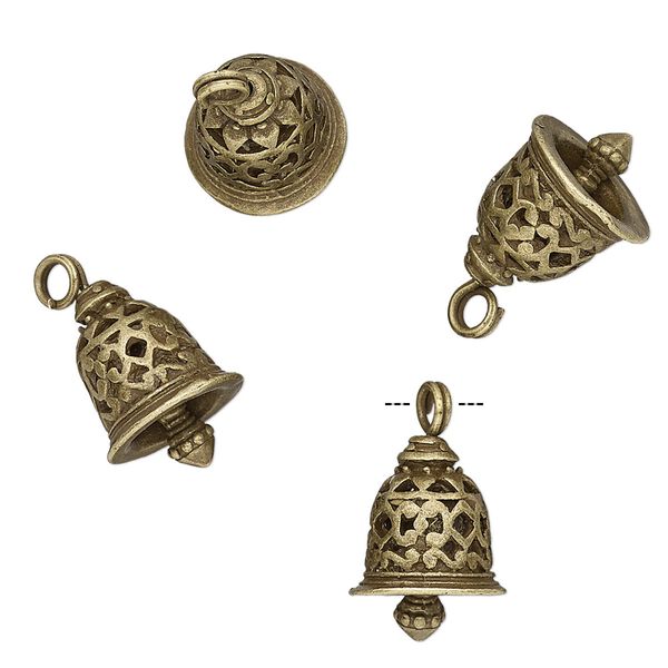Charm, antique brass-finished "pewter" (zinc-based alloy), 16.5x12mm textured bell with cutout design. Sold per pkg of 4. image number 0