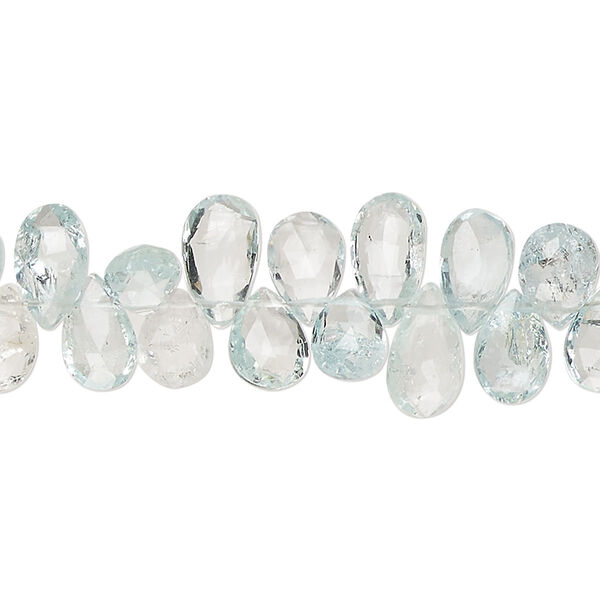 Bead, aquamarine and goshenite (natural / heated), light to medium, 7x5mm-11x7mm hand-cut faceted puffed teardrop, B grade, Mohs hardness 7-1/2 to 8. Sold per 8-inch strand, approximately 65 beads. image number 0