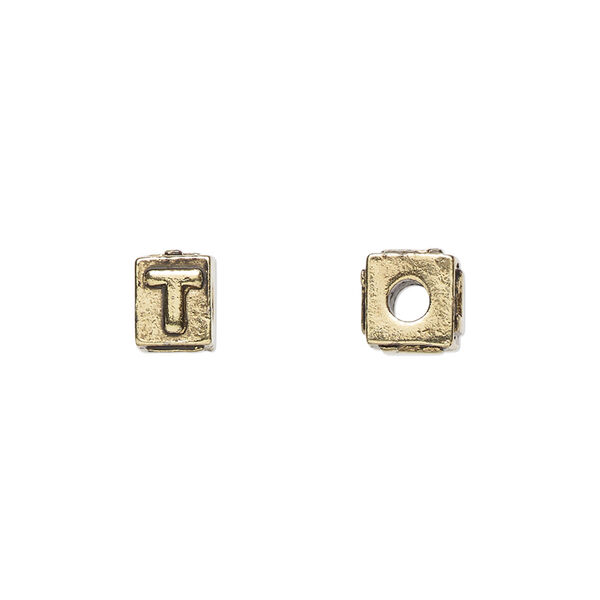 Bead, antique gold-plated pewter (tin-based alloy), 8x6mm rectangle with alphabet letter "T." Sold per pkg of 4. image number 0