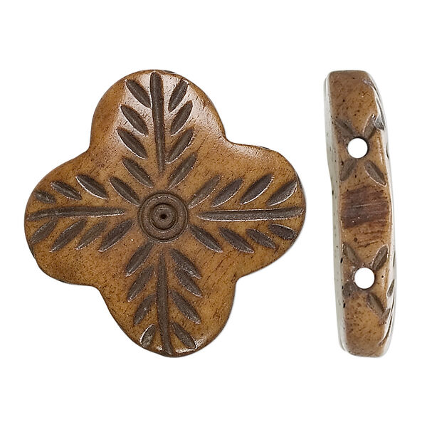 Spacer, bone (dyed), brown, 24x24mm hand-carved 2-strand flower, Mohs hardness 2-1/2. Sold per pkg of 6. image number 0
