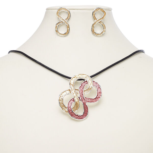 Necklace and earring set, leather (dyed) / enamel / imitation rhodium-plated steel / brass / "pewter" (zinc-based alloy), black / orange / pink, 57x49mm knot, 18-inch necklace with 2-inch extender chain and lobster claw clasp, 34mm earrings with post. Sold per set. image number 0