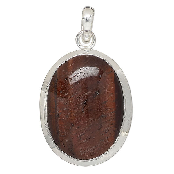 Pendant, red tigereye (heated) and sterling silver, 34x25mm-36x28mm oval. Sold individually. image number 0