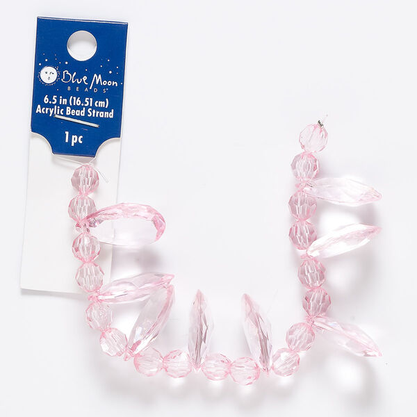 Bead and drop, acrylic, pink, 8mm round and 24x17mm-25x18mm faceted puffed teardrop with 2mm hole. Sold per 6-1/2 inch strand. image number 0