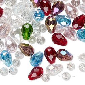 Bead mix, glass, mixed colors AB, 4mm faceted round and 9x6mm faceted teardrop. Sold per 25-gram pkg, approximately 85-140 beads.