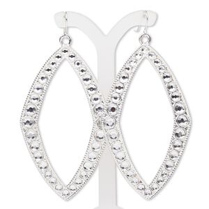 Earring, acrylic rhinestone with antiqued silver-finished "pewter" (zinc-based alloy) and steel, clear, 3-1/2 inches with open diamond and fishhook ear wire. Sold per pair.