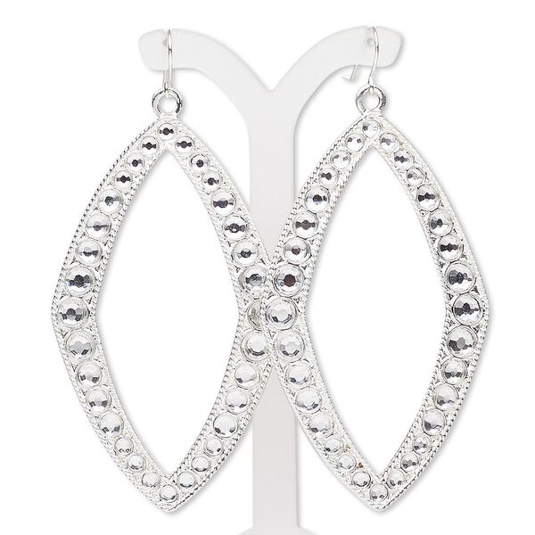 Earring, acrylic rhinestone with antiqued silver-finished "pewter" (zinc-based alloy) and steel, clear, 3-1/2 inches with open diamond and fishhook ear wire. Sold per pair. image number 0