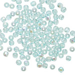 Bead 1pkg1 Czech fire-polished glass, 3mm faceted round, 1 mass translucent half-coated light aqua AB