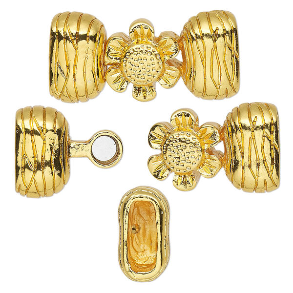 Clasp, magnetic, gold-plated "pewter" (zinc-based alloy), 28x14mm textured flower with (2) 10x4mm glue-in end caps. Sold individually. image number 0