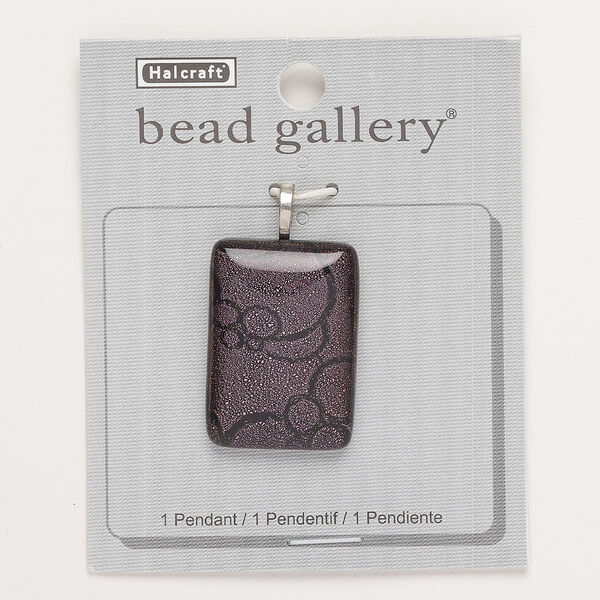 Pendant, silver-finished brass and glass, purple / black / silver, 36x25mm rectangle with bubble design. Sold individually. image number 0