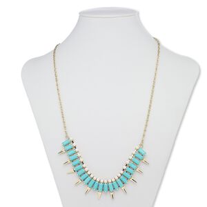 Necklace, acrylic / acrylic pearl / gold-finished steel / "pewter" (zinc-based alloy), turquoise blue and white, rectangle, 24 inches with 2-inch extender chain and lobster claw clasp. Sold individually.