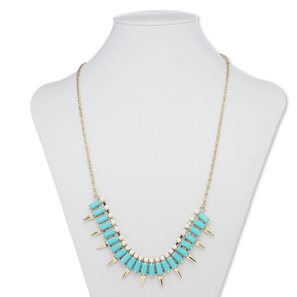 Necklace, acrylic / acrylic pearl / gold-finished steel / "pewter" (zinc-based alloy), turquoise blue and white, rectangle, 24 inches with 2-inch extender chain and lobster claw clasp. Sold individually. image number 0