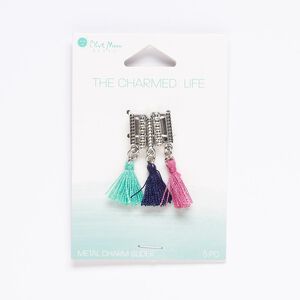 Slide mix, cotton / silver-finished "pewter" (zinc-based alloy) / steel, green / dark blue / pink, (2) 13x3mm rectangle and (3) 36x2mm rectangle with tassel and 10x2.5mm hole. Sold per pkg of 5.