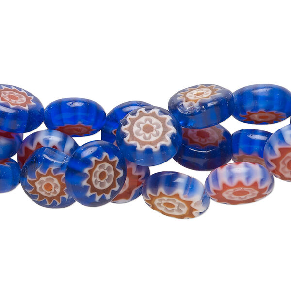 Bead, millefiori glass, translucent multicolored, 10-11mm puffed flat round. Sold per 14-inch strand. image number 0
