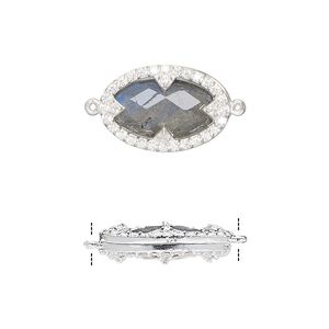 Link, labradorite (natural) / cubic zirconia / sterling silver, clear, 18x12mm double-sided faceted oval. Sold individually.