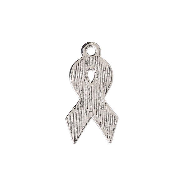 Charm 1pkg4, imitation rhodium-plated "pewter" (zinc alloy) / enamel, red / pink, 21x13mm awareness ribbon image number 1