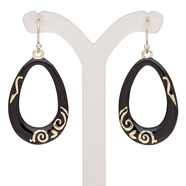 Earring, enamel with gold-finished brass and "pewter" (zinc-based alloy), black, 44mm with open teardrop and fishhook ear wire. Sold per pair. image number 0