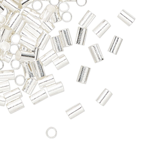 Crimp, silver-finished brass, 3x2mm round tube, 1.4mm inside diameter. Sold per pkg of 100. image number 0