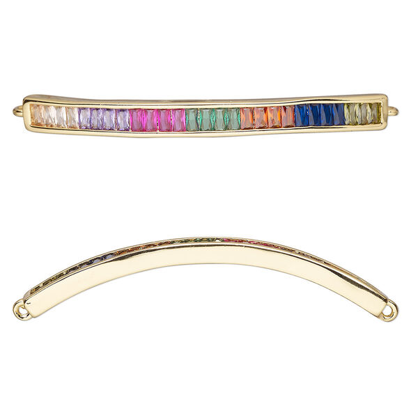 Link, cubic zirconia and gold-finished brass, multicolored, 42.5x4mm single-sided curved bar. Sold individually. image number 0