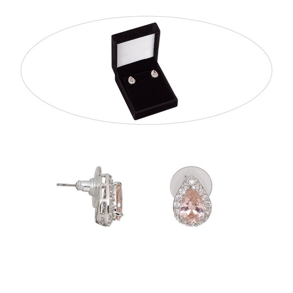 Earstud, cubic zirconia / stainless steel / rhodium-finished brass, pink and clear, 15mm teardrop with post. Sold per pair. image number 0