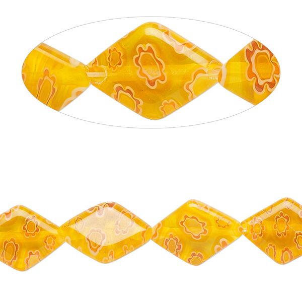 Bead, millefiori glass, translucent bright orange and multicolored, 11x9-14x10mm puffed diamond with flower design. Sold per 14-inch strand. image number 0