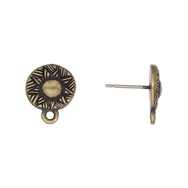 Earstud, TierraCast®, antique brass-plated pewter, 12mm woven round with rhythm theme and closed loop with titanium post. Sold per pkg of 5 pairs. image number 0