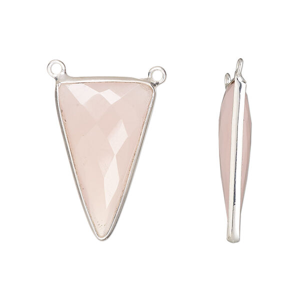 Connector, sterling silver and pink chalcedony (dyed), 25x15mm hand-cut double-sided faceted triangle with 2 closed loops, Mohs hardness 6-1/2 to 7. Sold individually. image number 0