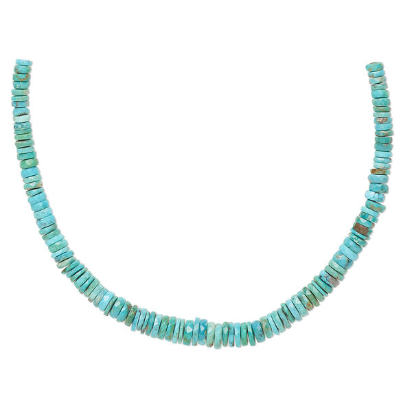 Bead, turquoise (stabilized), 4x1mm-8x4mm graduated hand-cut faceted heishi, B grade, Mohs hardness 5 to 6. Sold per 8-inch strand, approximately 100 to 120 beads. image number 0