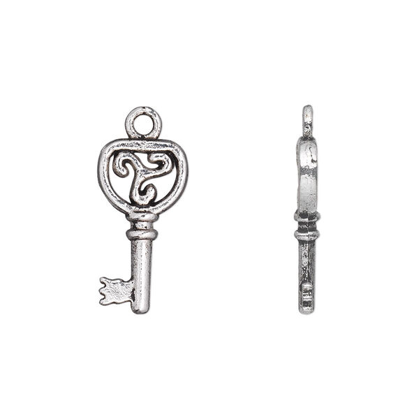 Charm, antique silver-plated "pewter" (zinc-based alloy), 18x9mm double-sided key with triskele design. Sold per pkg of 50. image number 0