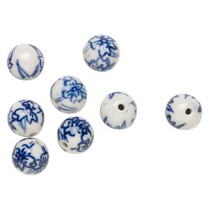 Bead, porcelain, blue and white, 12mm round with flower design. Sold per pkg of 8.