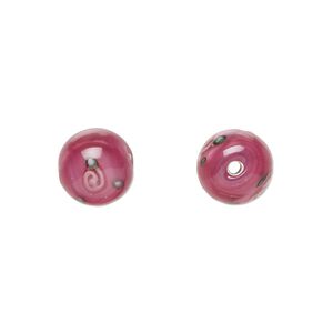 Bead, Czech lampworked glass, opaque pink and green, 10-11mm round with flower design. Sold per pkg of 4.
