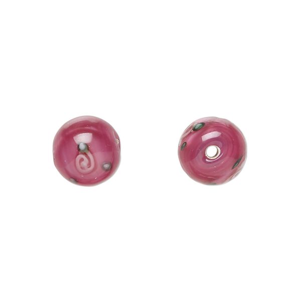 Bead, Czech lampworked glass, opaque pink and green, 10-11mm round with flower design. Sold per pkg of 4. image number 0