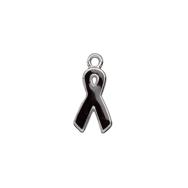 Charm, silver-plated aluminum and epoxy, black, 15x9mm single-sided awareness ribbon. Sold per pkg of 6. image number 0