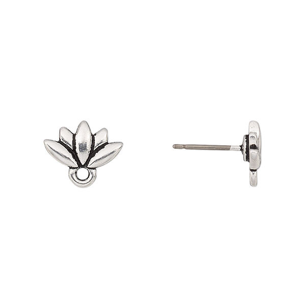 Earstud, TierraCast®, "Make a Statement" collection, antique silver-plated pewter, 11.5x7mm lotus with renewal theme and closed loop with titanium post. Sold per pkg of 5 pairs. image number 0