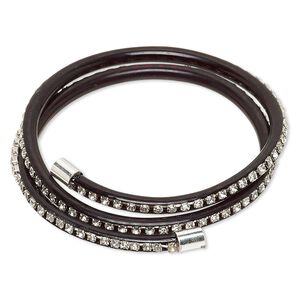 Bracelet, wrap, PVC plastic / glass rhinestone / silver-finished brass, black and clear, 4mm wide with cupchain, adjustable from 7-9 inches. Sold individually.