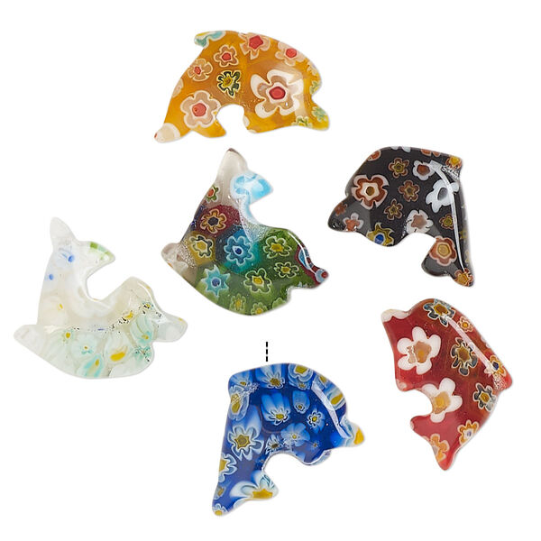 Bead, millefiori glass, translucent multicolored, 18x17mm-25x20mm half-drilled dolphin. Sold per pkg of 6. image number 0