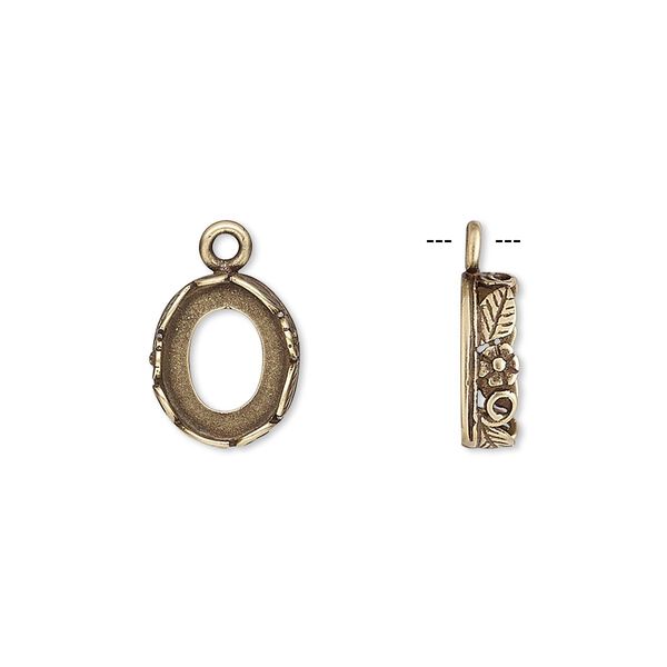Drop, JBB Findings, antiqued brass, 12x10mm oval with open back and flower and leaf design trim, 10x8mm oval bezel setting. Sold per pkg of 2. image number 0