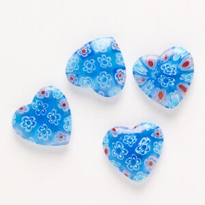 Bead, millefiori glass, pkg/4, translucent sky blue/red/white, 18-20mm half-drilled puffed heart.