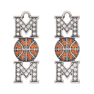 Focal, antique silver-finished "pewter" (zinc-based alloy) and glass, clear and orange, 32x12mm single-sided mom and basketball. Sold per pkg of 2.