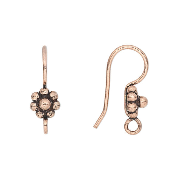 Ear wire, antique copper-plated copper, 23mm fishhook with 8mm beaded flat round with open loop, 18 gauge. Sold per pkg of 5 pairs. image number 0