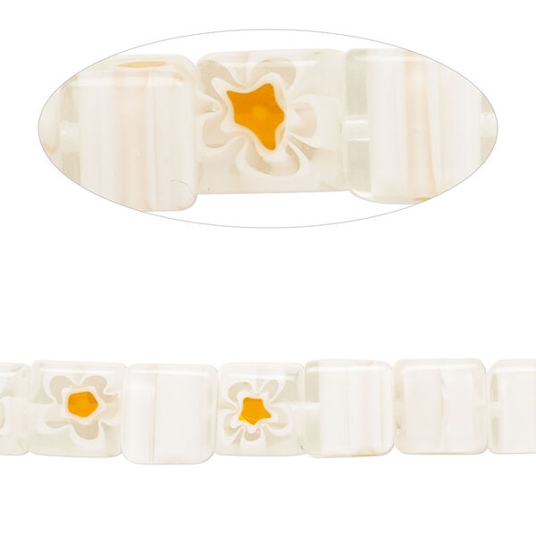 Bead, millefiori glass, translucent clear / white / orange, 7-9mm cube with flower and stripe design. Sold per 14-inch strand. image number 0