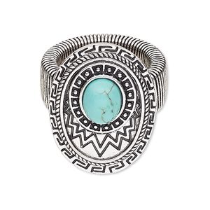 Ring, stretch, magnesite (dyed / stabilized) with antique silver-plated steel and "pewter" (zinc-based alloy), turquoise blue, 32x22mm oval, size 7-10. Sold individually.