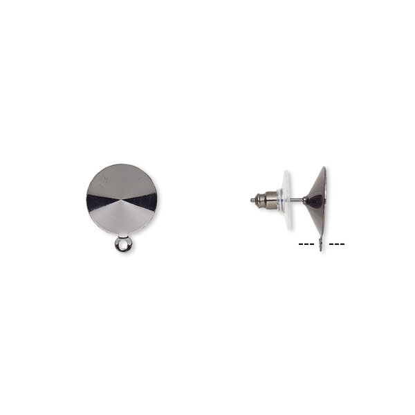 Earstud, Almost Instant Jewelry®, plastic with gunmetal-finished brass and steel, 14.5mm round with closed loop and 14mm rivoli setting. Sold per pkg of 5 pairs. image number 0