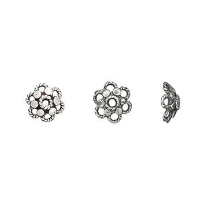Bead cap, antiqued sterling silver, 8x3mm rope flower, fits 7-9mm bead. Sold per pkg of 2.